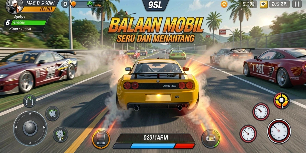Tangkapan layar gameplay <strong>9SL</strong> menampilkan aksi balapan yang intens.