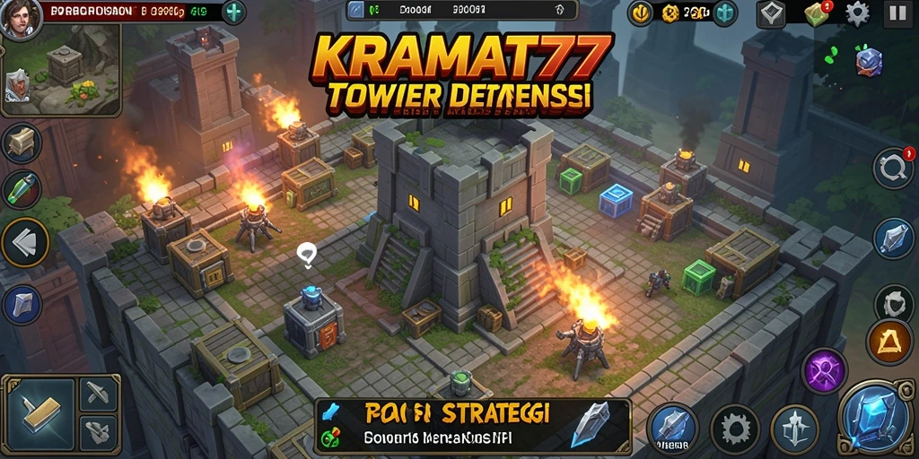 Tampilan gameplay KRAMAT77 dengan menara yang strategis.