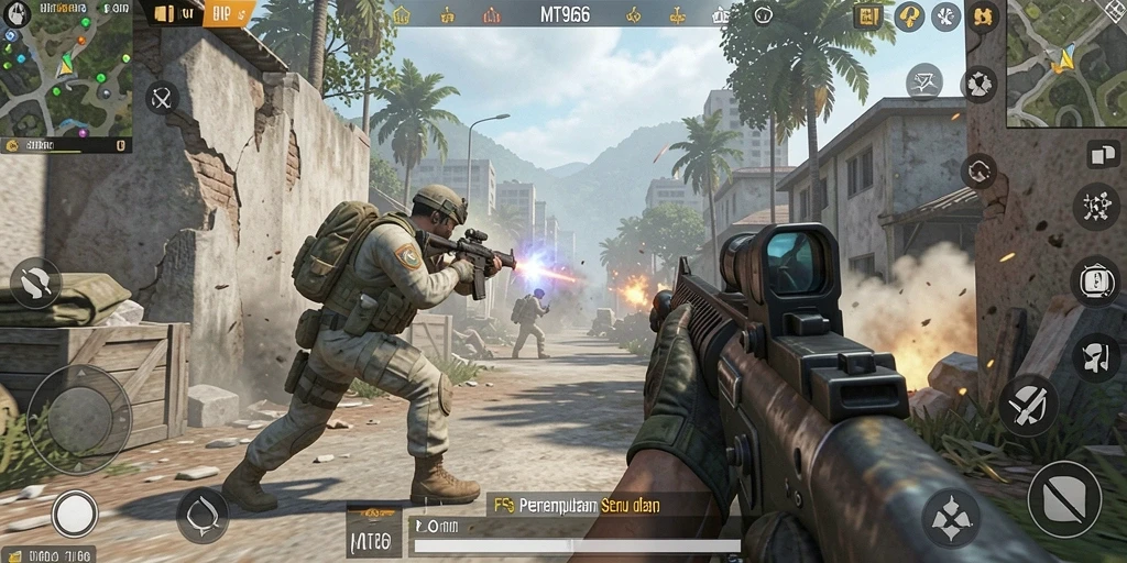 Screenshot gameplay MT966 menampilkan intensitas pertempuran FPS.