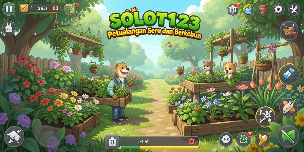 Tangkapan layar gameplay SLOT123 yang menunjukkan kebun indah dan tanaman subur.